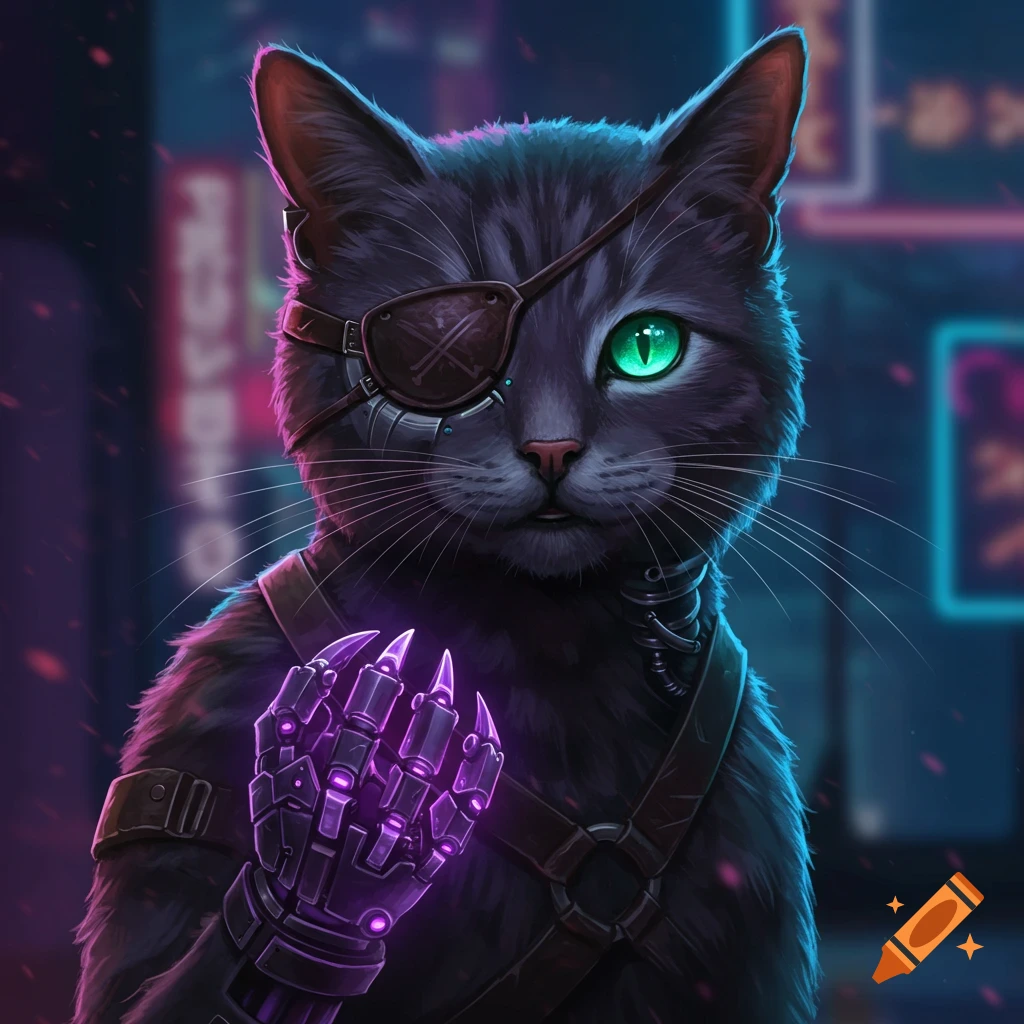A black cat with a green eye, eyepatch, and glowing purple mechanical claw in a cyberpunk setting.