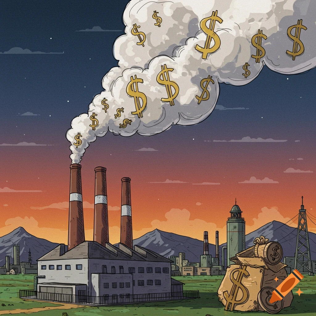Illustration of a factory emitting smoke filled with dollar signs, with a bag of money in the foreground.