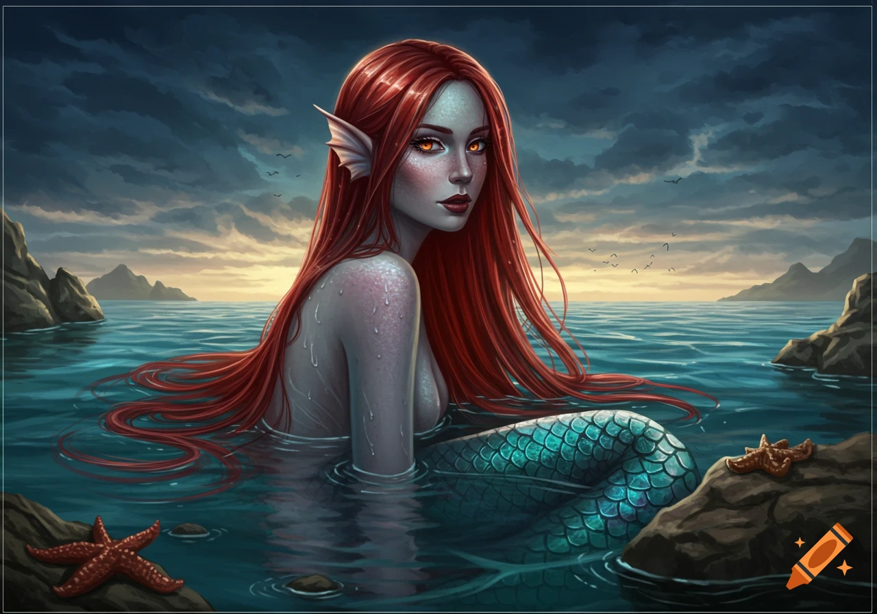 A siren with long red hair and a teal tail sits in the ocean at sunset.