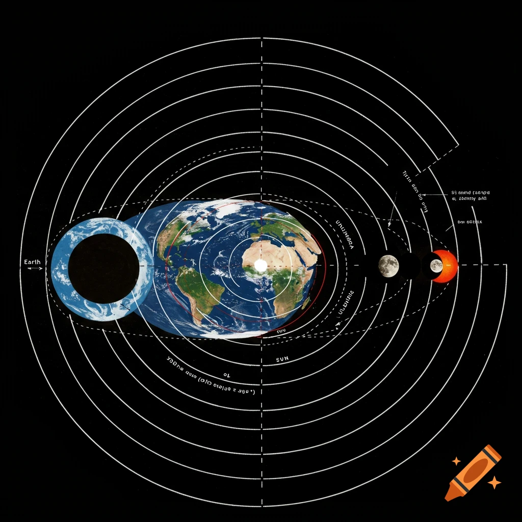 Diagram showing Earth, Moon, Sun, orbits, and shadow lines during a solar eclipse.