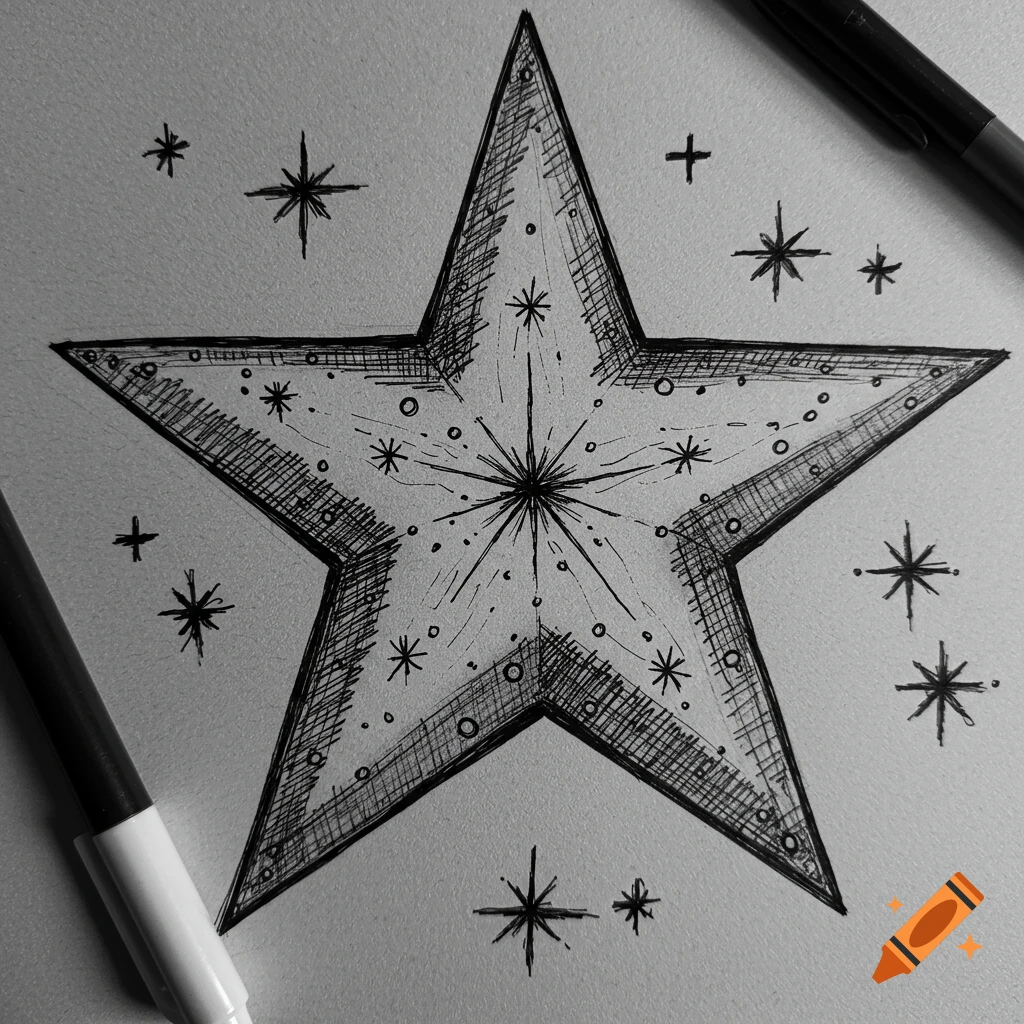 Black and white pen sketch of a large star surrounded by smaller stars and sparkles.