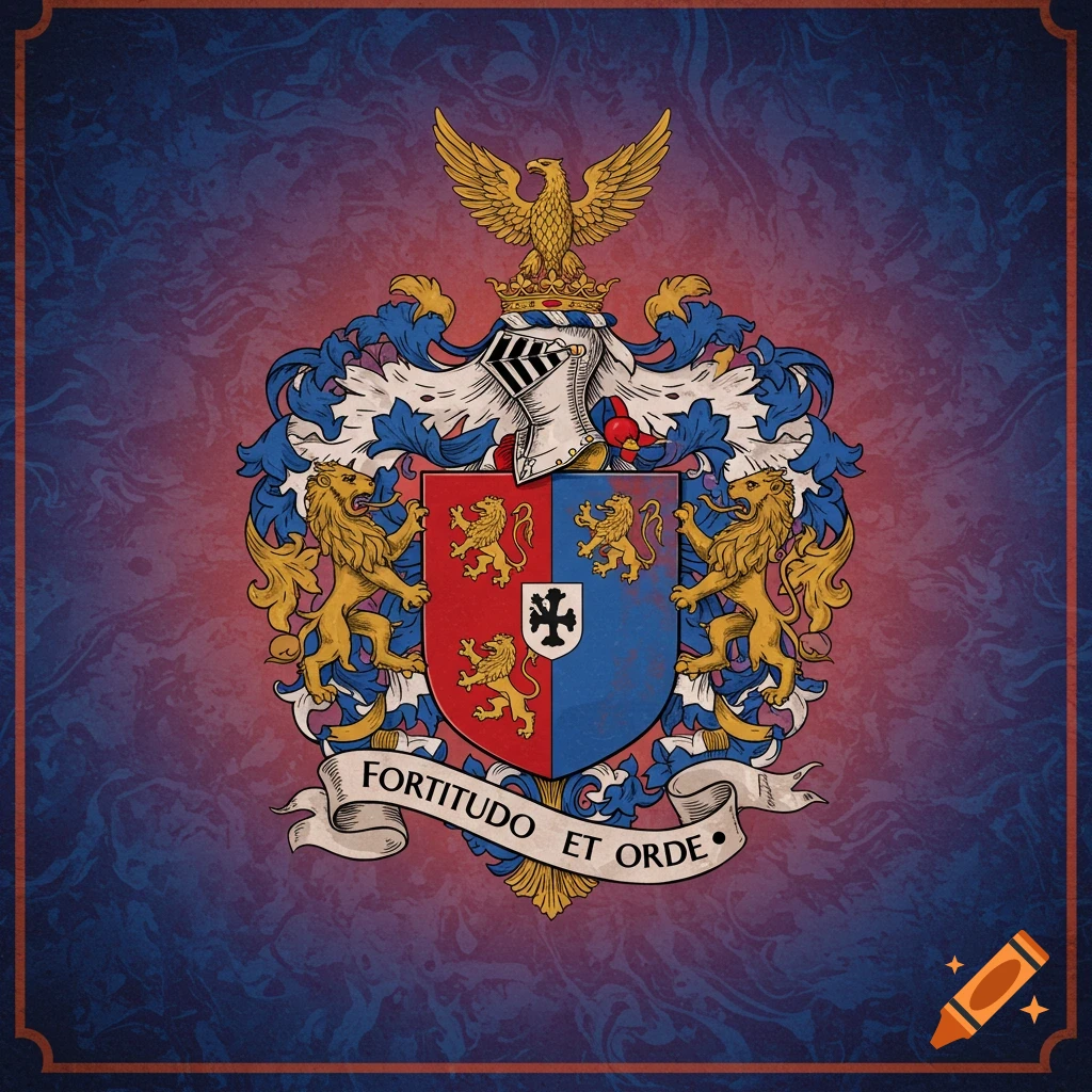 A detailed coat of arms illustration featuring lions, an eagle, a red and blue shield, and a banner reading 'FORTITUDO ET ORDE'.