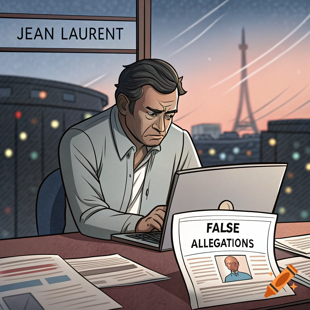 An illustration of a man, Jean Laurent, looking worried while working on a laptop at a desk with newspapers, overlooking a cityscape with the Eiffel Tower.