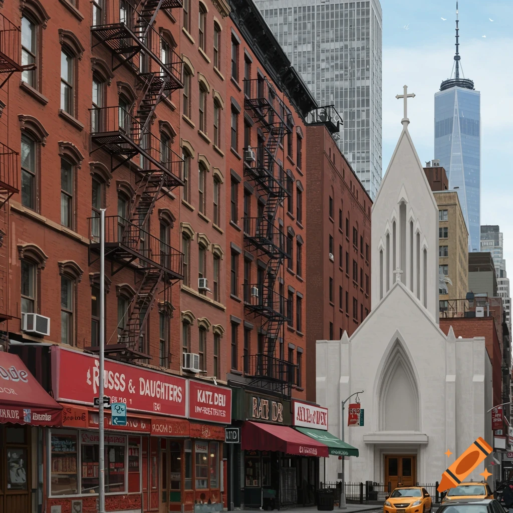 A street view in New York City with red brick buildings, fire escapes, storefronts, a white church, and a skyscraper.