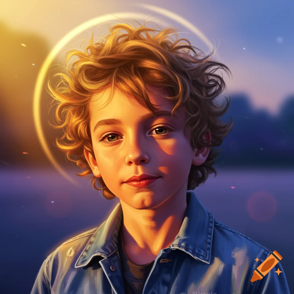 A young boy with curly hair and a golden halo.