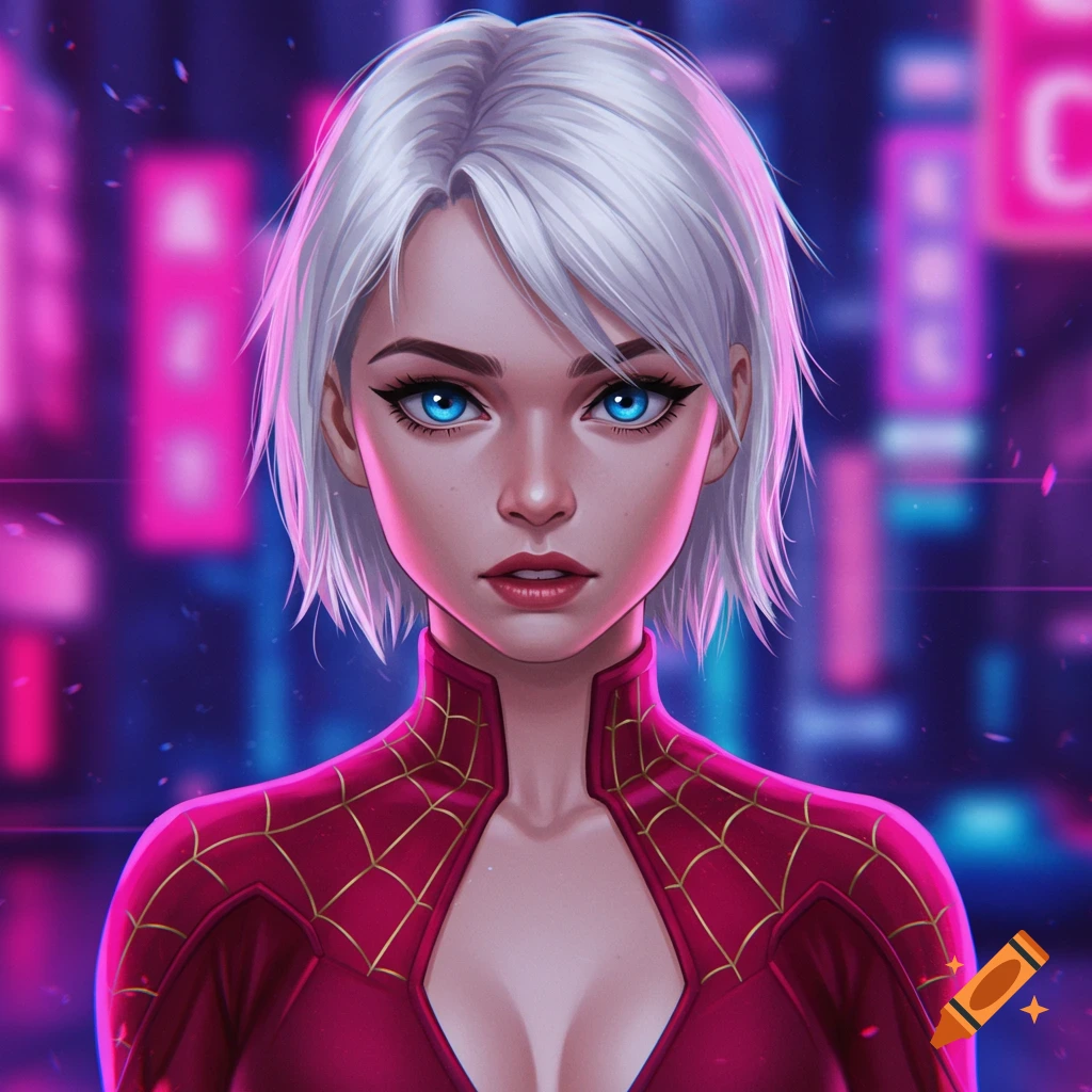 Portrait of a young woman with short white hair in a red spider-web costume against a blurry neon city background.