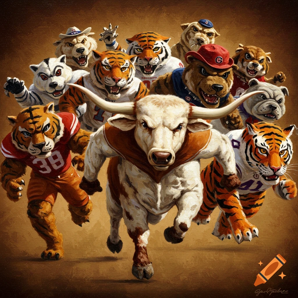 Painting of anthropomorphic animal mascots including a longhorn, tigers, bear, and bulldog running in sports uniforms.