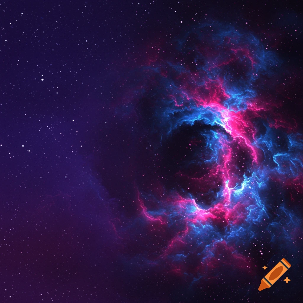 A dark space background filled with stars and a swirl of pink and blue nebula gas.