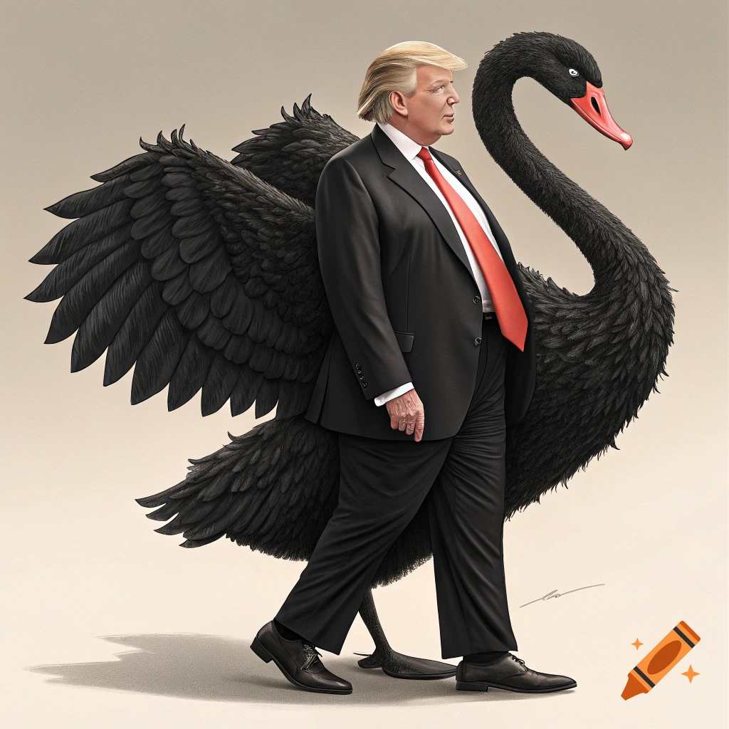 Donald Trump walks with a large black swan whose wings wrap around him. Illustration.