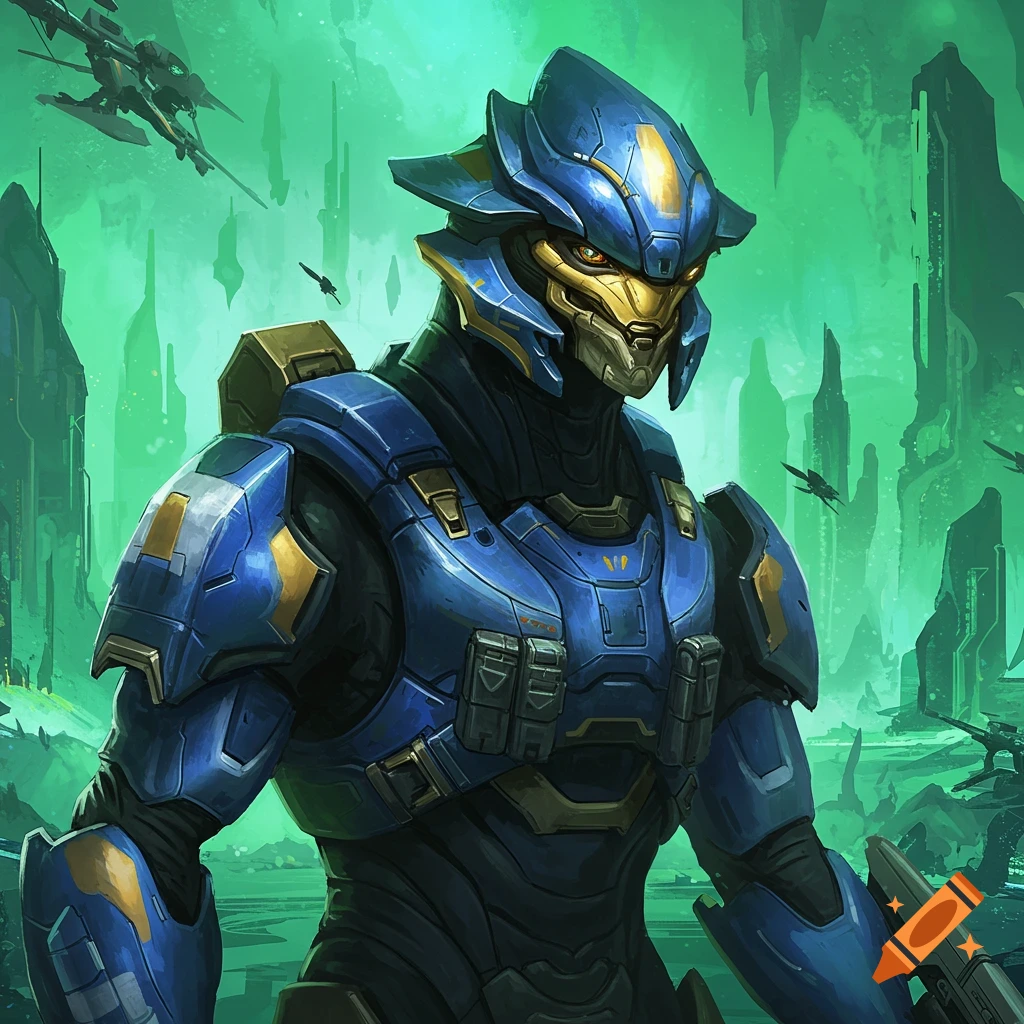 Elite alien from Halo in blue armor standing in a sci-fi landscape.