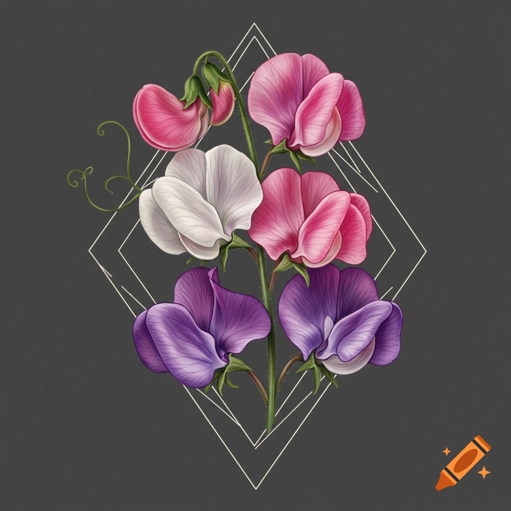 Realistic tattoo style illustration of pink, white, and purple sweet pea flowers within a white diamond shape on a dark background.