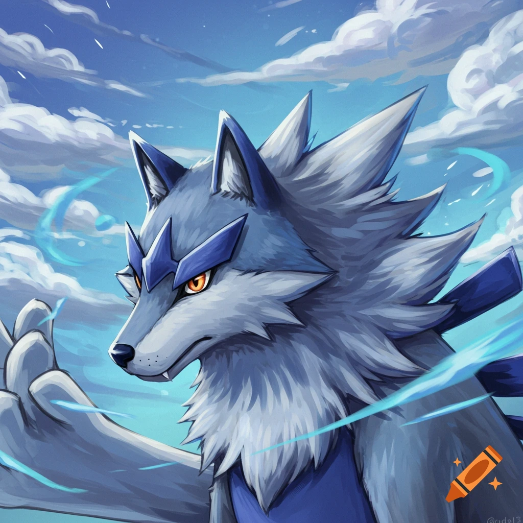 Grey and blue wolf creature character with orange eyes against a cloudy sky, anime illustration style