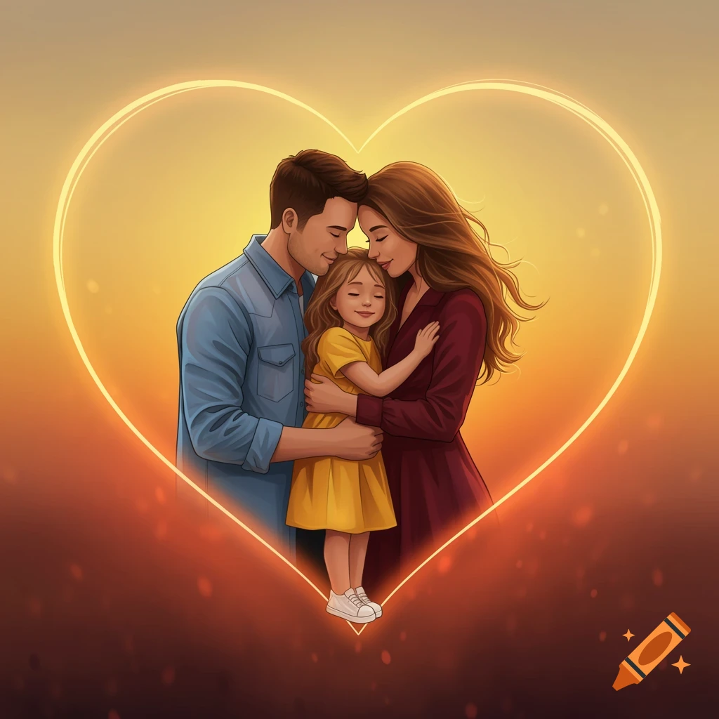 An illustration of a family (man, woman, child) hugging inside a glowing heart shape at sunset.