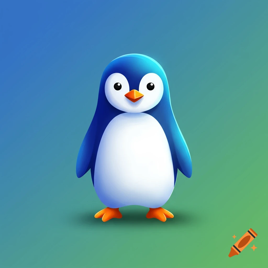 A cute blue and white cartoon penguin stands on a blue to green gradient background.
