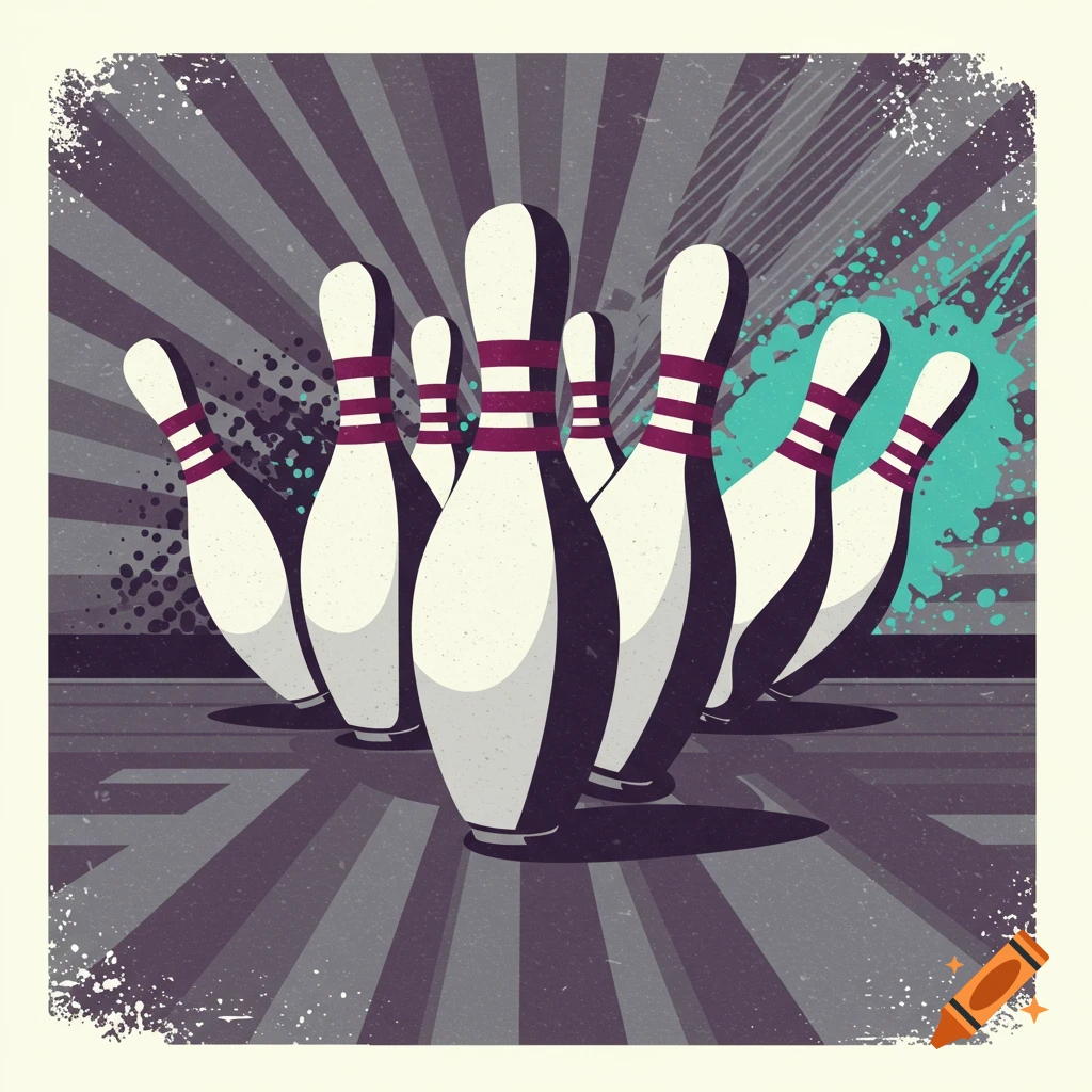 Stylized vintage graphic of bowling pins with a sunburst background and teal splatter.