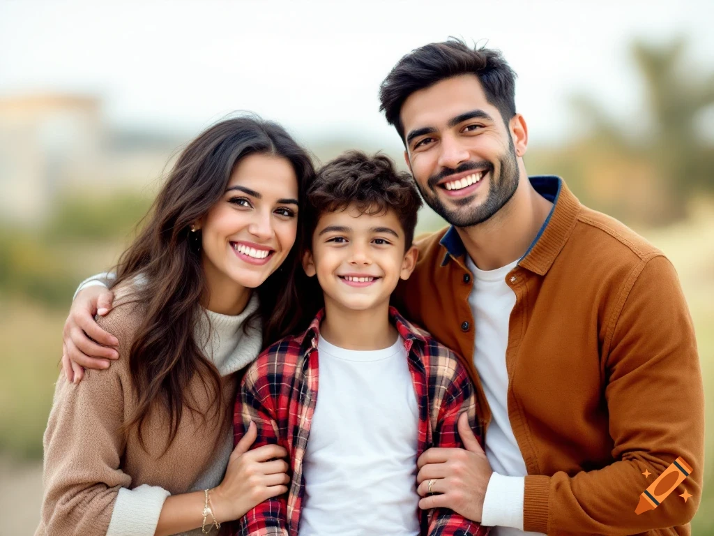 A photorealistic image of a mother, father, and son smiling.