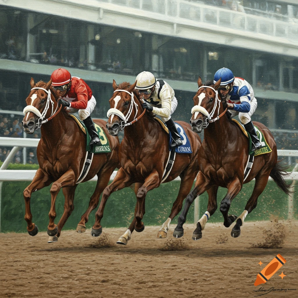 Three horses and jockeys race neck and neck on a dirt track, depicted as an oil painting print.