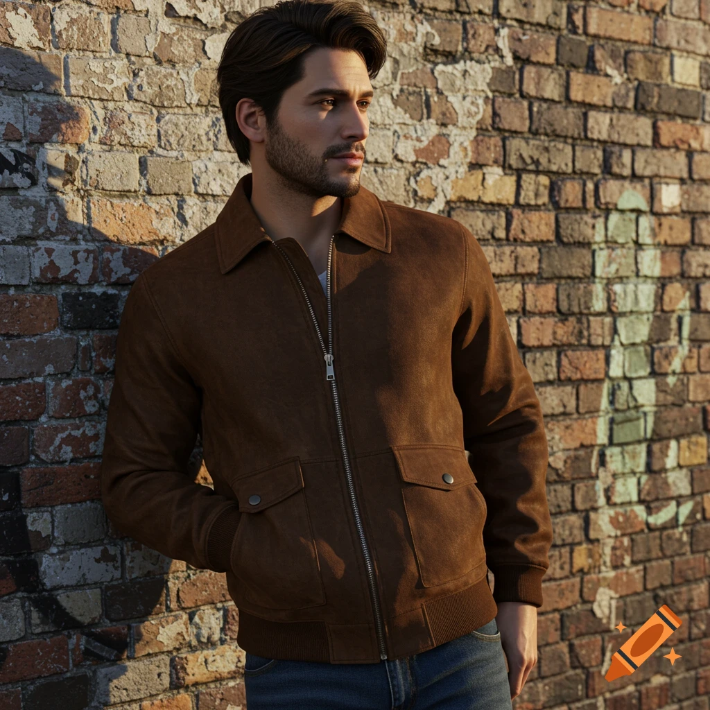 Photorealistic image of a man in a brown bomber jacket leaning against a brick wall.