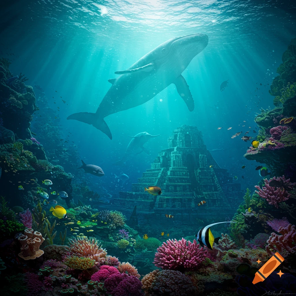 Whale and dolphin swim over a submerged ancient temple ruin with colorful coral reefs and fish in a photorealistic underwater scene.
