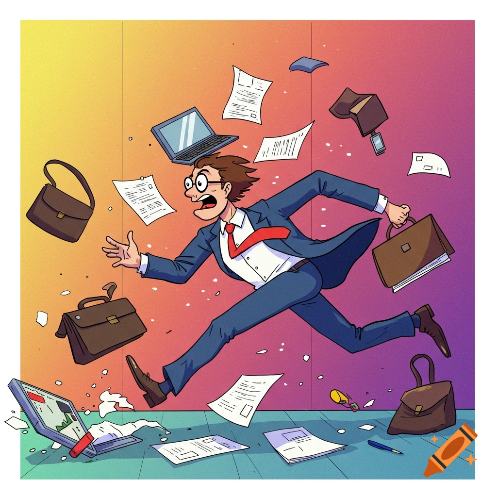 Cartoon illustration of a panicked businessman running and dropping his belongings.