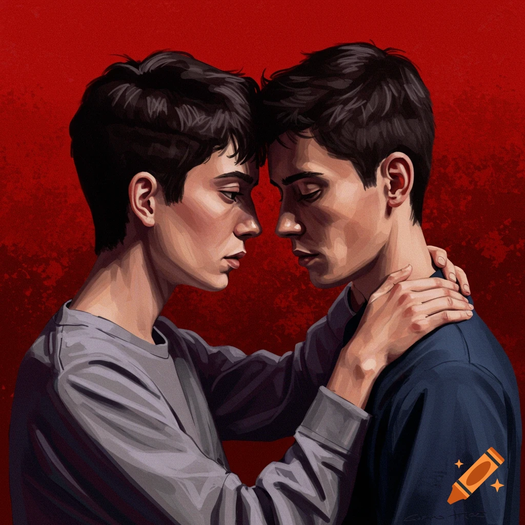 Painted portrait of two young men with foreheads touching, one's arm around the other's neck, against a red background.
