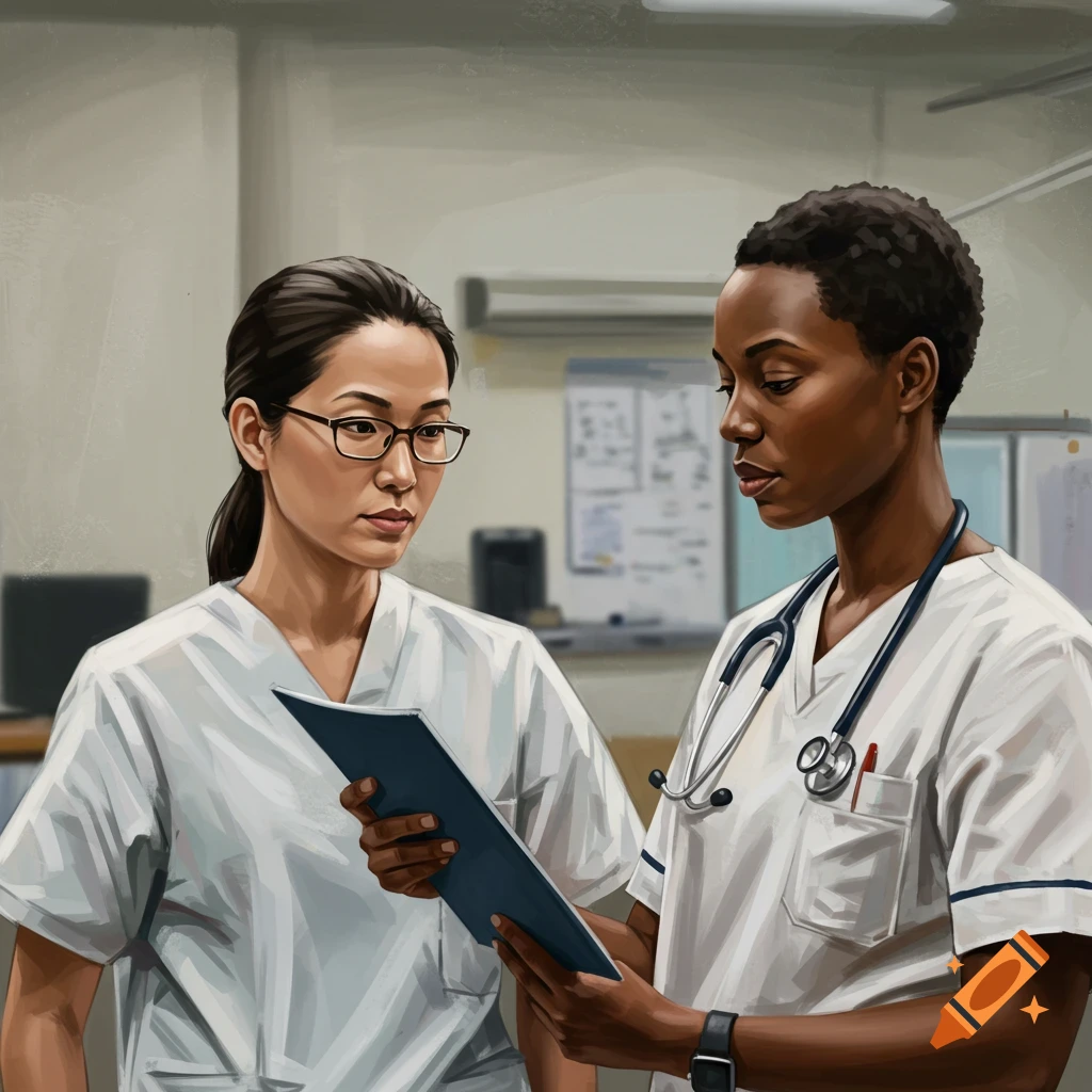 Two nurses of different ethnicities review a clipboard in a hospital.
