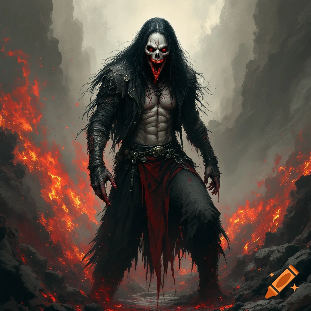 Demonic monster with glowing eyes in a fiery landscape
