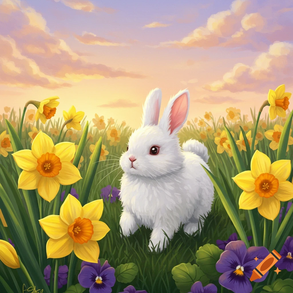 A white bunny sits in a field of yellow daffodils and purple pansies under a sunset sky, painterly style.