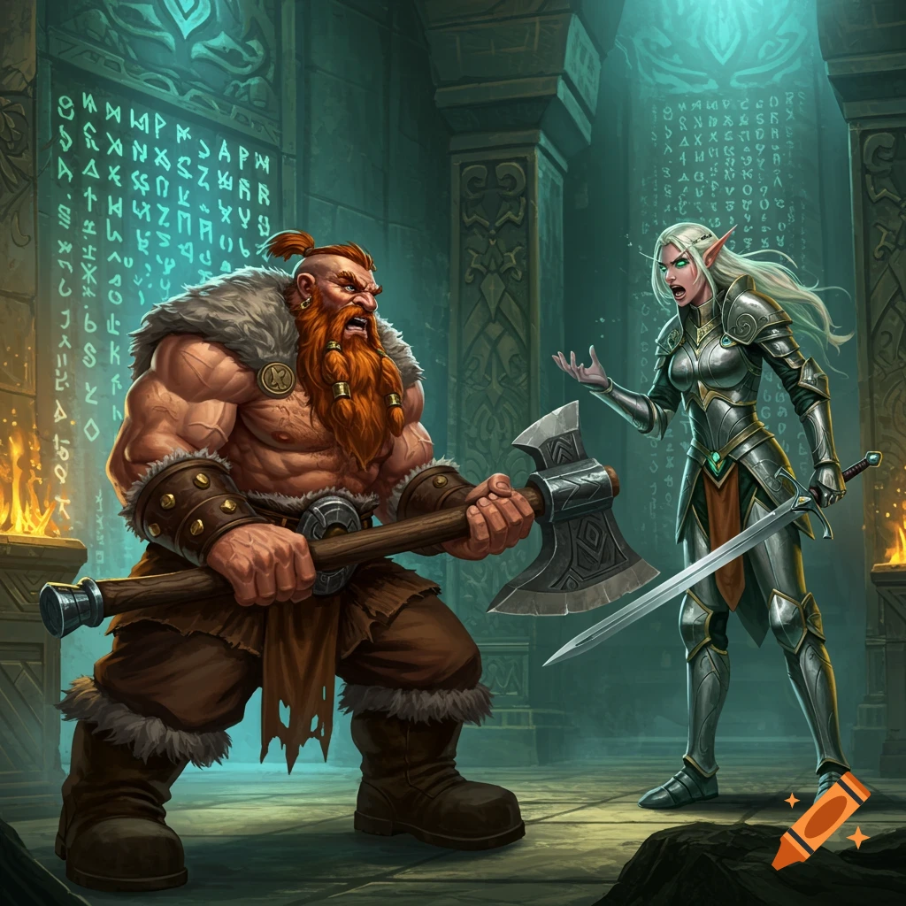 A muscular dwarf with an axe argues with an elf knight with a sword in a dungeon vault.