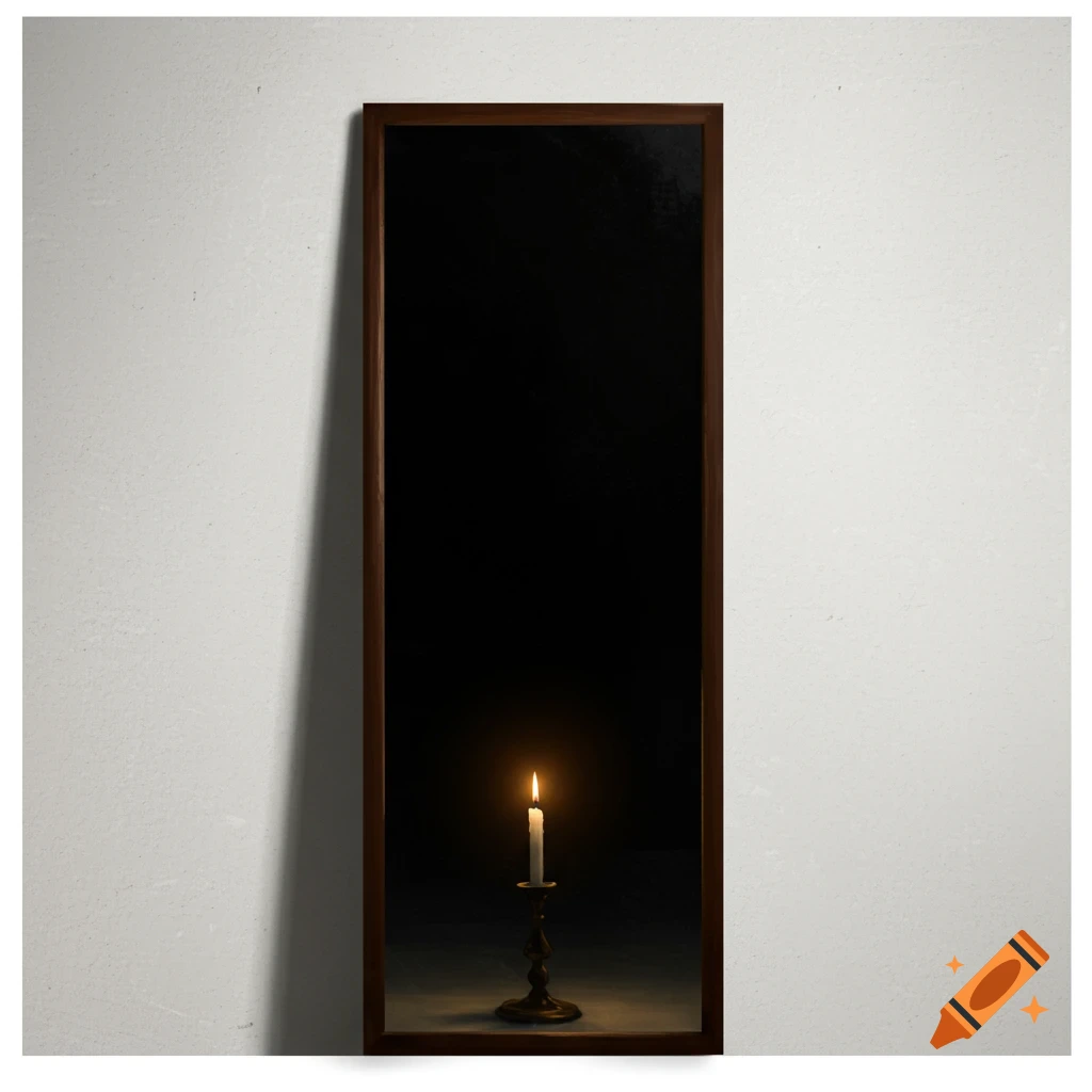 A burning candle in a holder reflected in a tall mirror against a white wall.