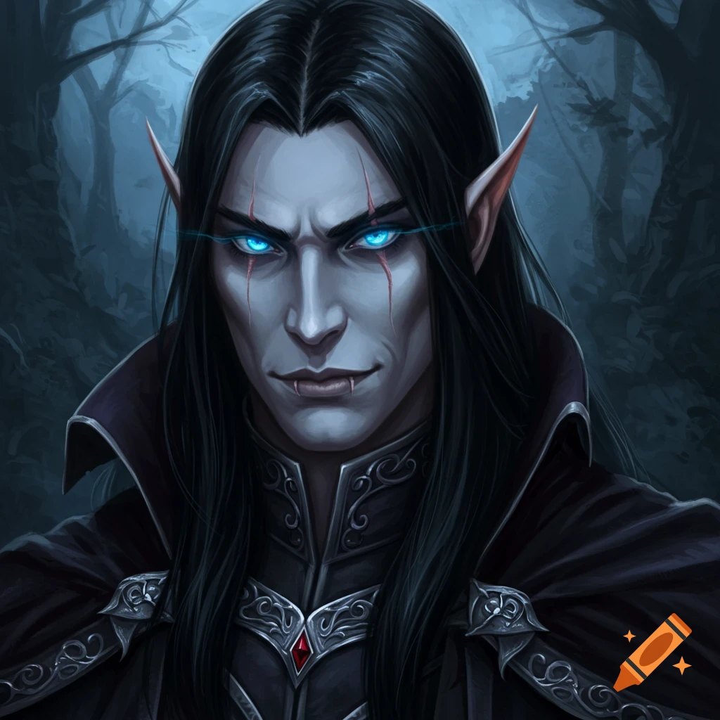 A painting of a sinister fantasy elven prince with black hair, blue eyes, fangs, and scars.