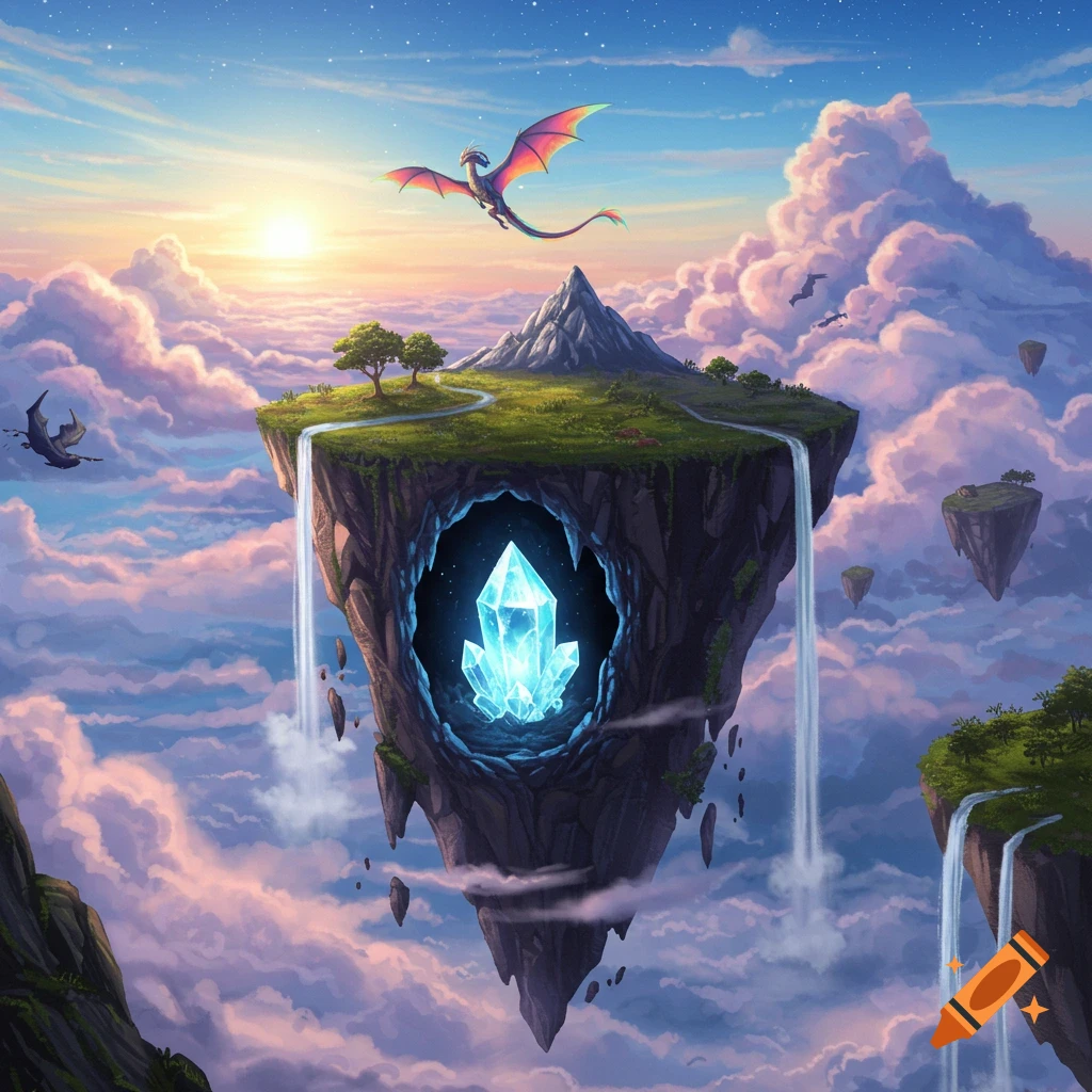 Floating island with glowing crystal cave, waterfall, and dragon in a cloudy sky.
