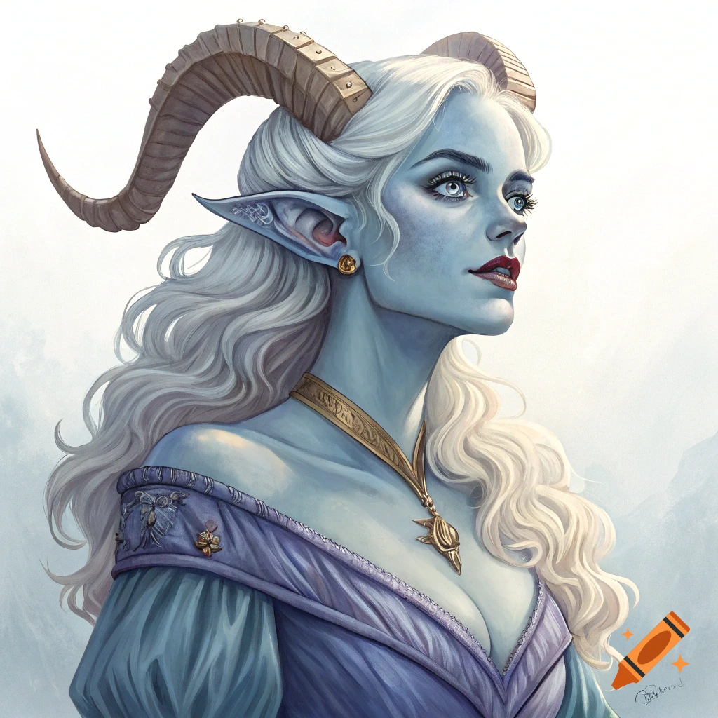 Fantasy portrait of a blue-skinned tiefling woman with horns, white hair, and elf ears, wearing a purple dress and gold necklace.