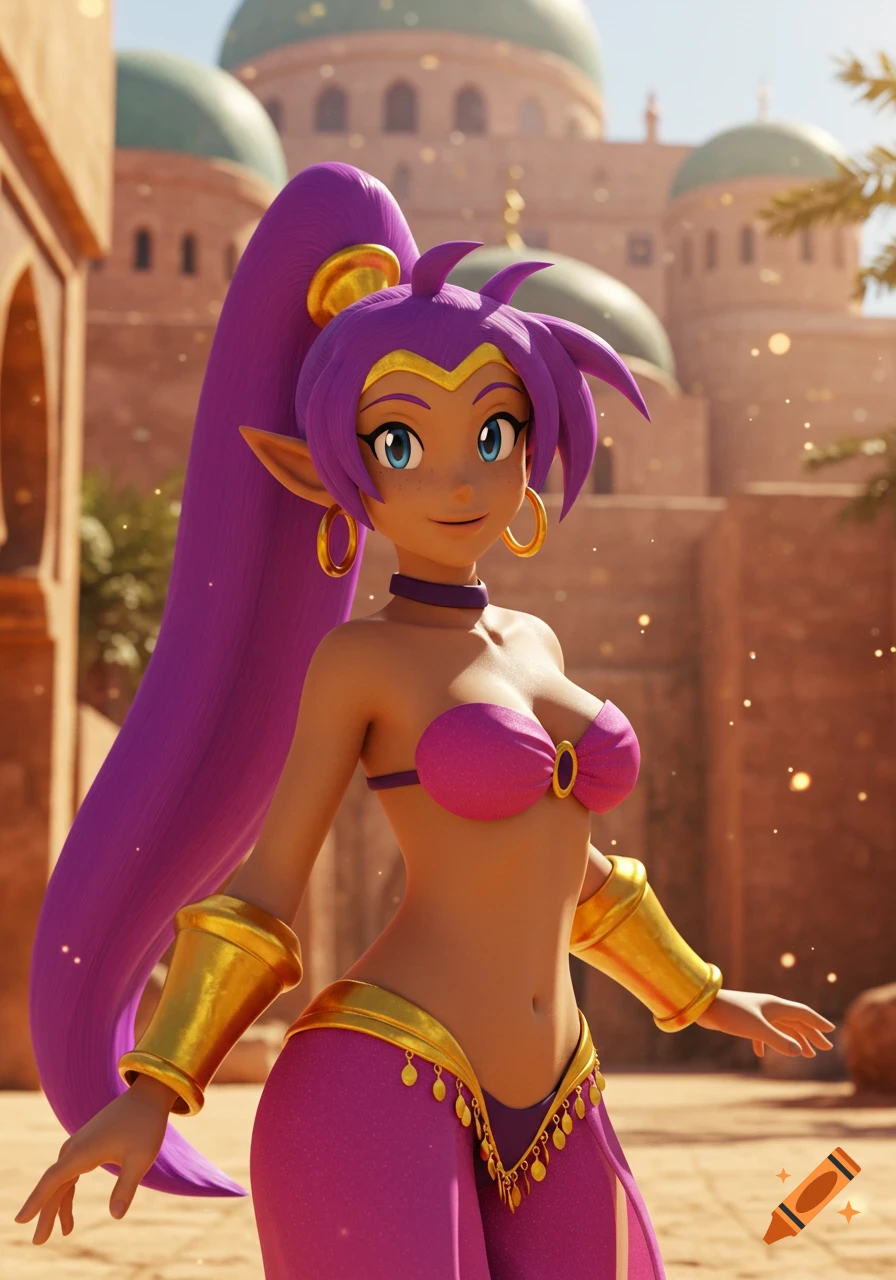 3D render of a purple-haired character in a belly dancer outfit standing in a desert town