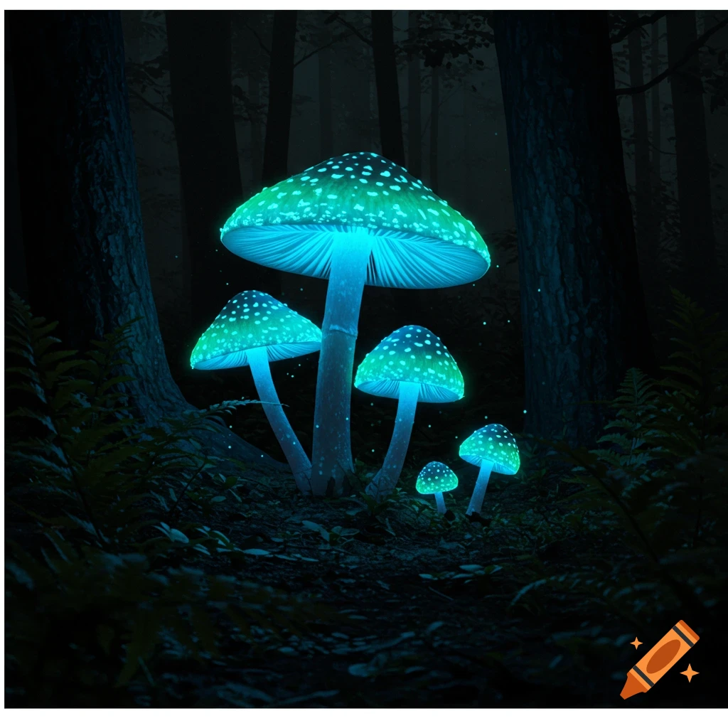 Bioluminescent mushrooms glowing blue and green in a dark forest