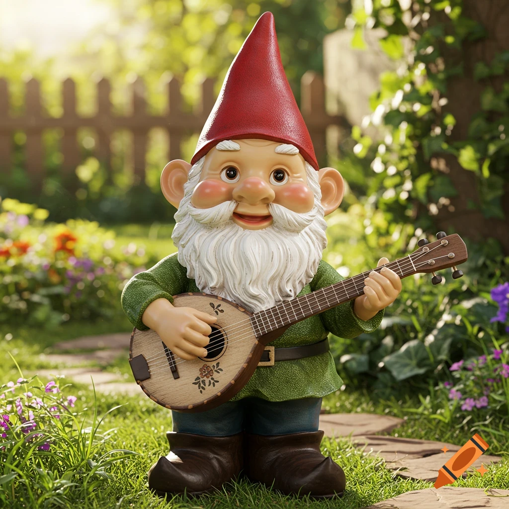 A photorealistic garden gnome statue playing a lute in a sunny garden setting.