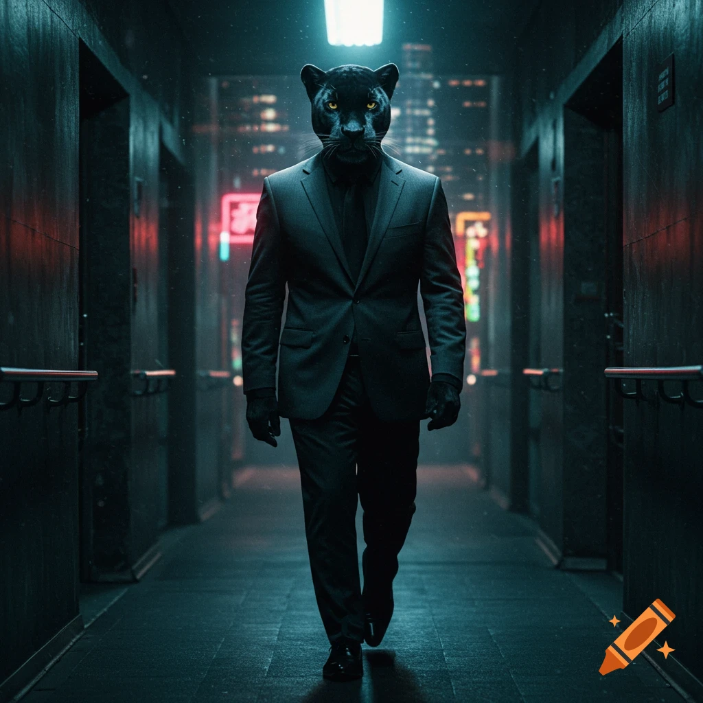 A black panther in a suit walks down a dark, futuristic hallway with city lights visible in the background.