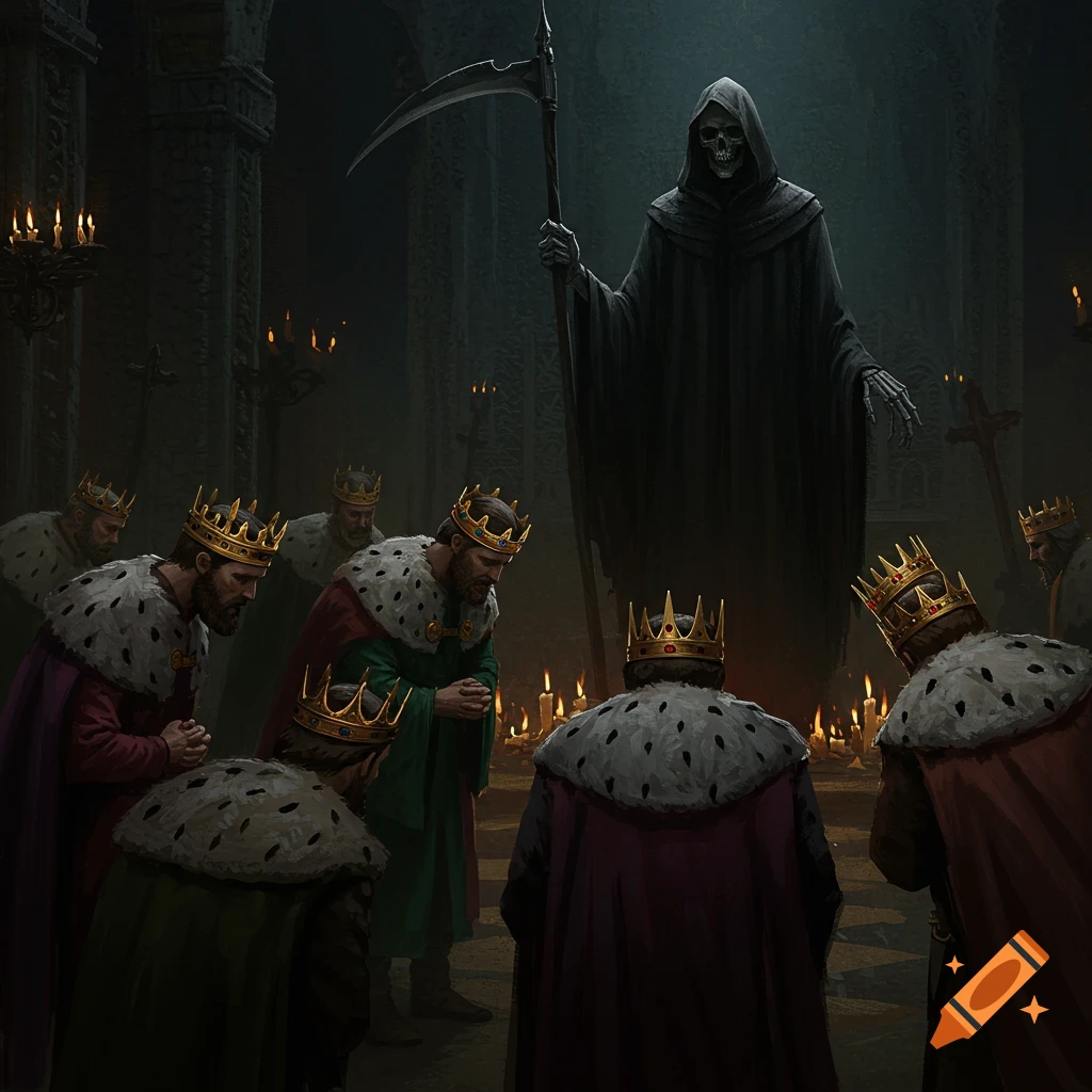 Kings bow before the Grim Reaper in a dark, candlelit hall.
