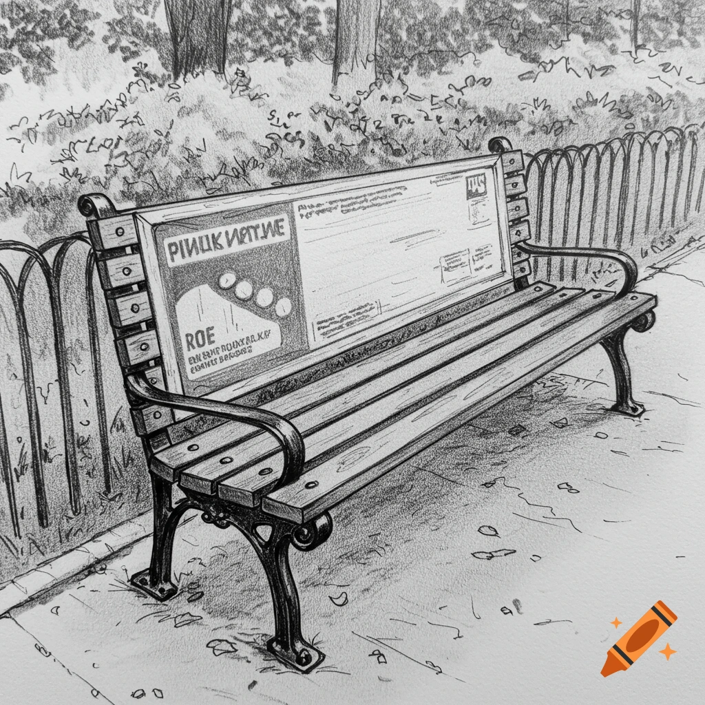 Sketch drawing of a park bench with an advertisement board.