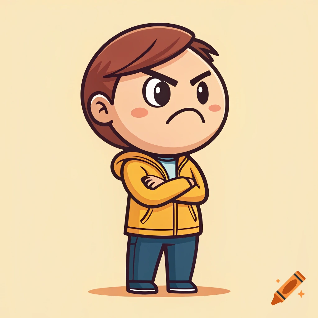 Cartoon boy character with angry expression, arms crossed, emoji style.