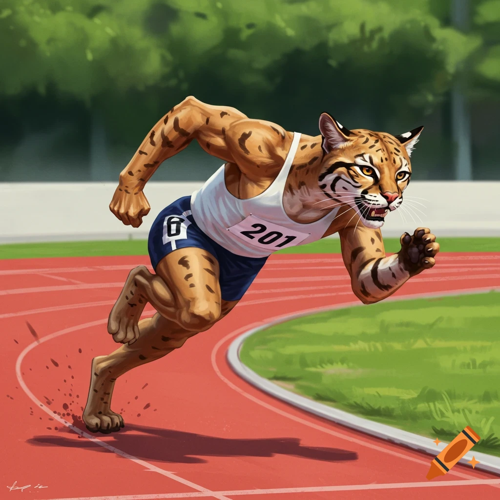 An anthropomorphic wildcat runs on a track, wearing a white tank top with bib number 201.