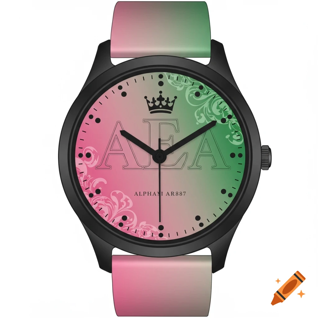A black watch with a pink and green gradient strap and watch face featuring a crown and the letters AEA.