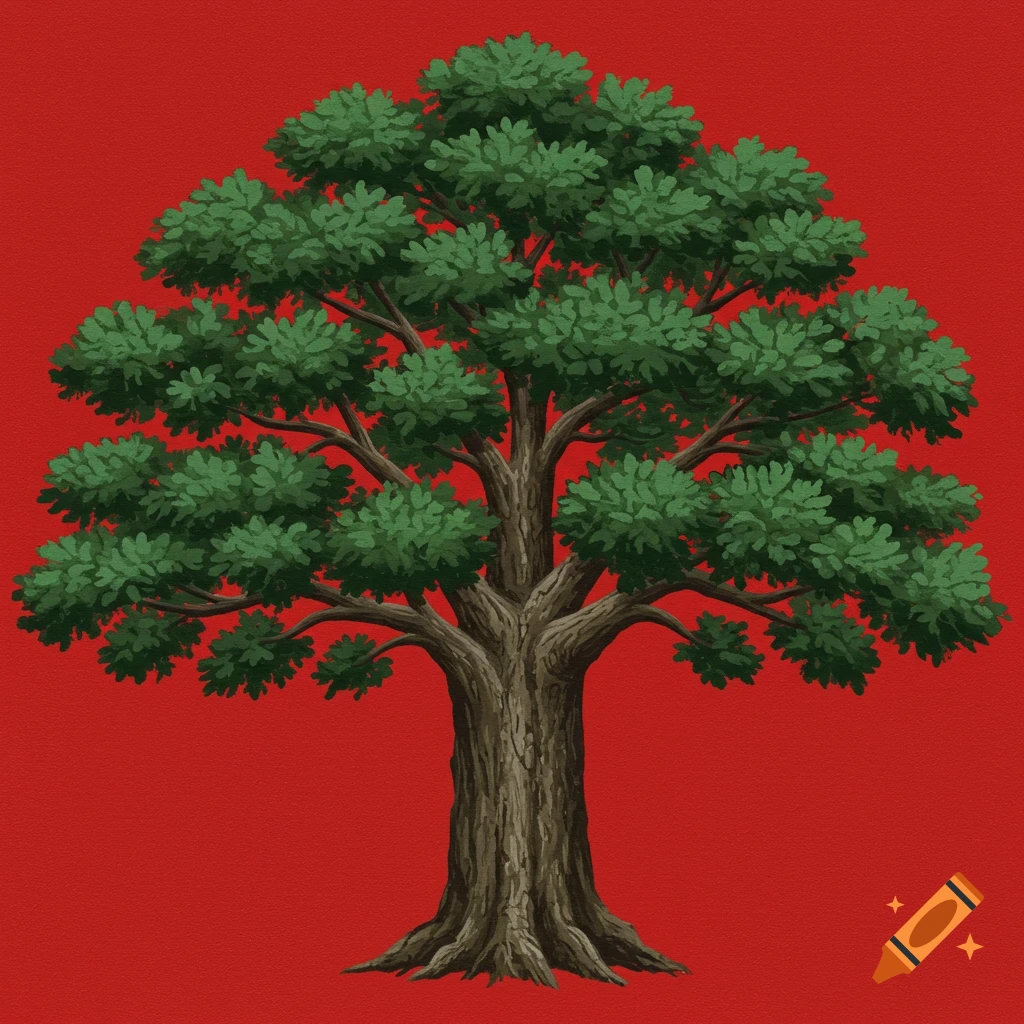 A stylized white oak tree on a red background, like a medieval banner.