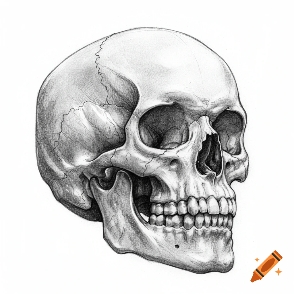 A realistic pencil sketch of a human skull viewed from the side.