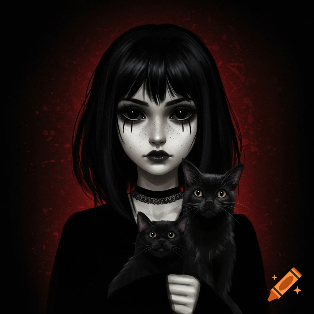 Gothic portrait of a girl with black hair and eyes holding two black cats.