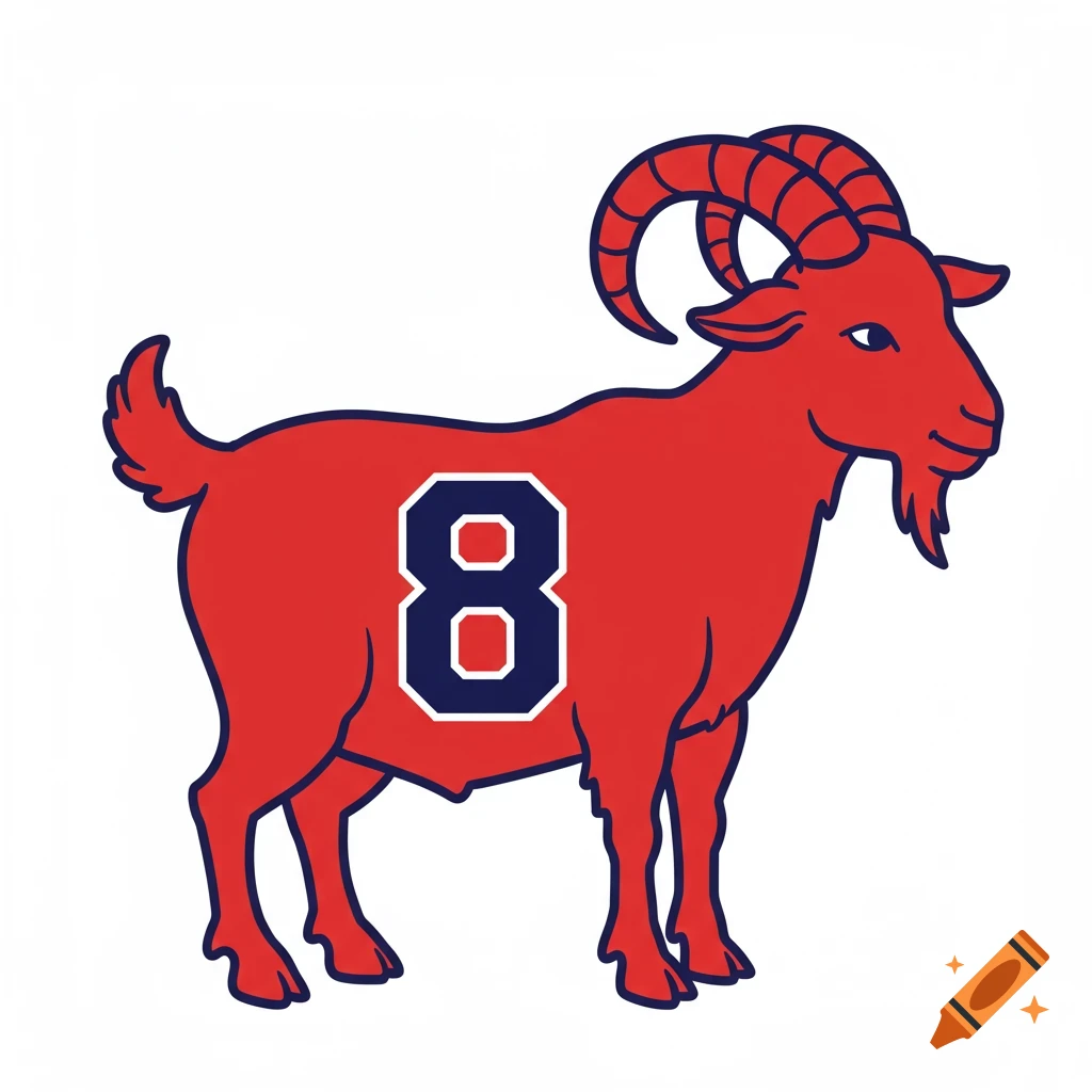 Illustration of a red cartoon goat with a navy blue and white number 8 on its side.