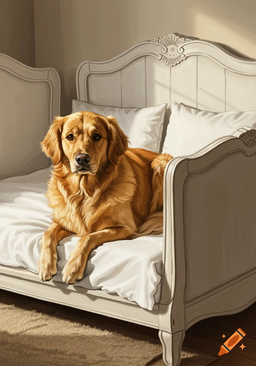 A golden retriever dog lies on a white bed in a painterly style.