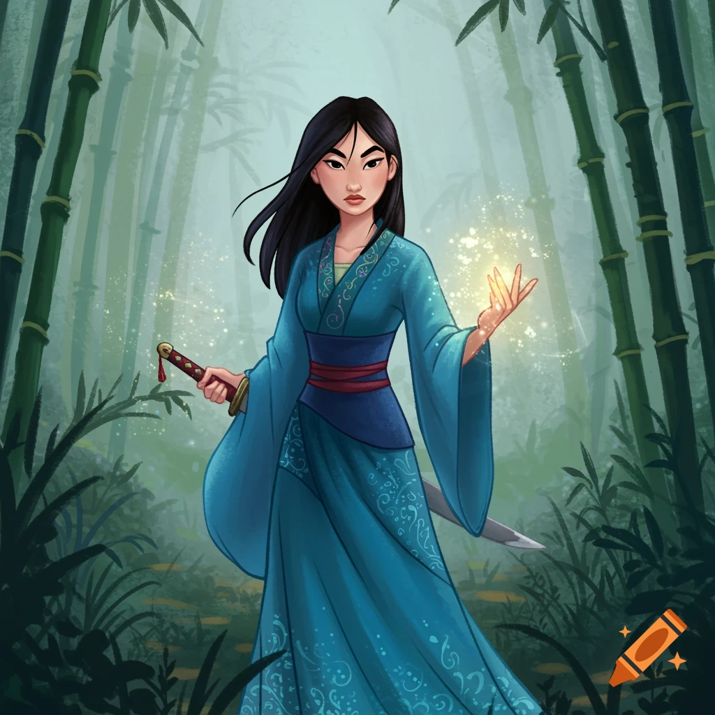 Illustration of Mulan in a blue dress, holding a sword and casting magic in a bamboo forest.