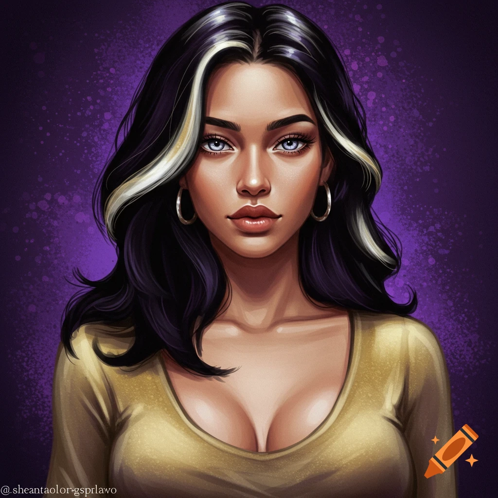 Digital portrait of a woman with black hair streaked with white and gold, blue eyes, hoop earrings, and a gold top.