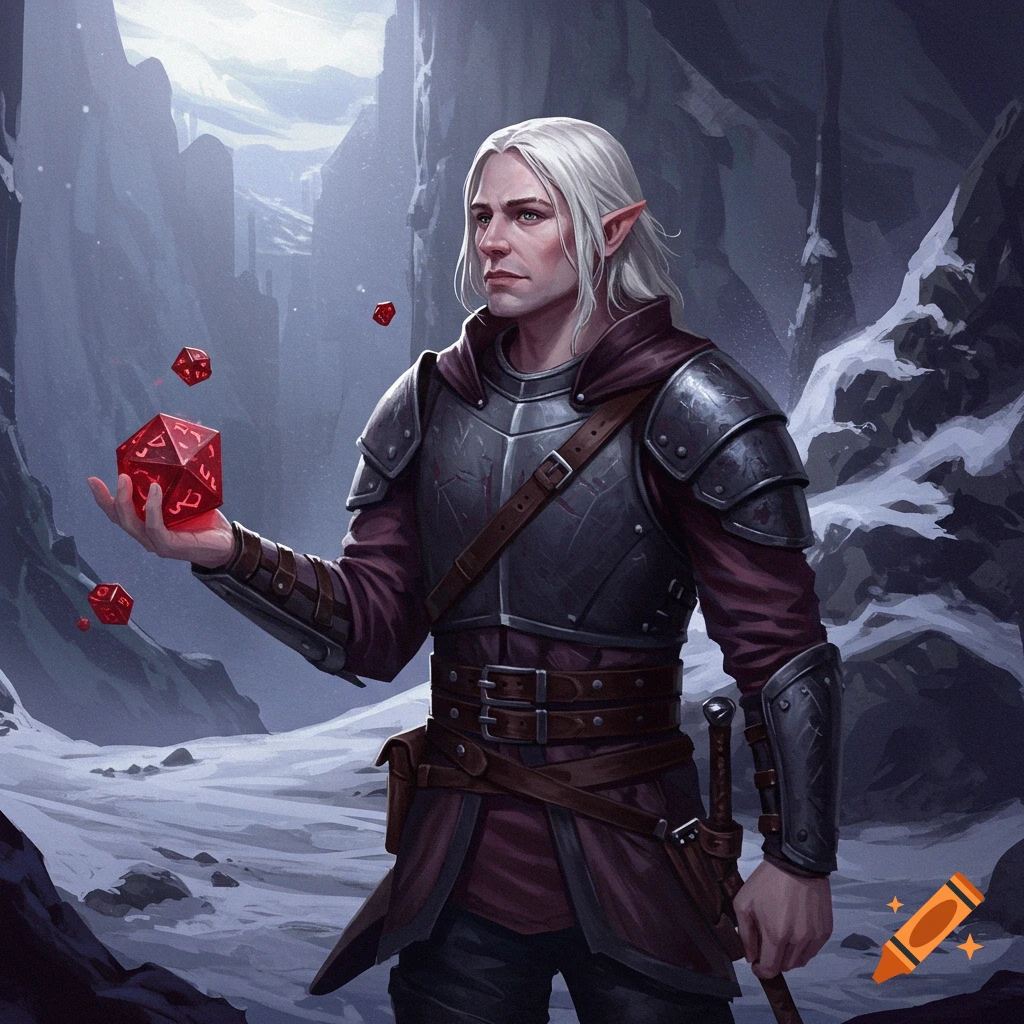 A white-haired elf in fantasy armor holds a large red die in a snowy mountain pass, with other dice floating nearby. Digital illustration.